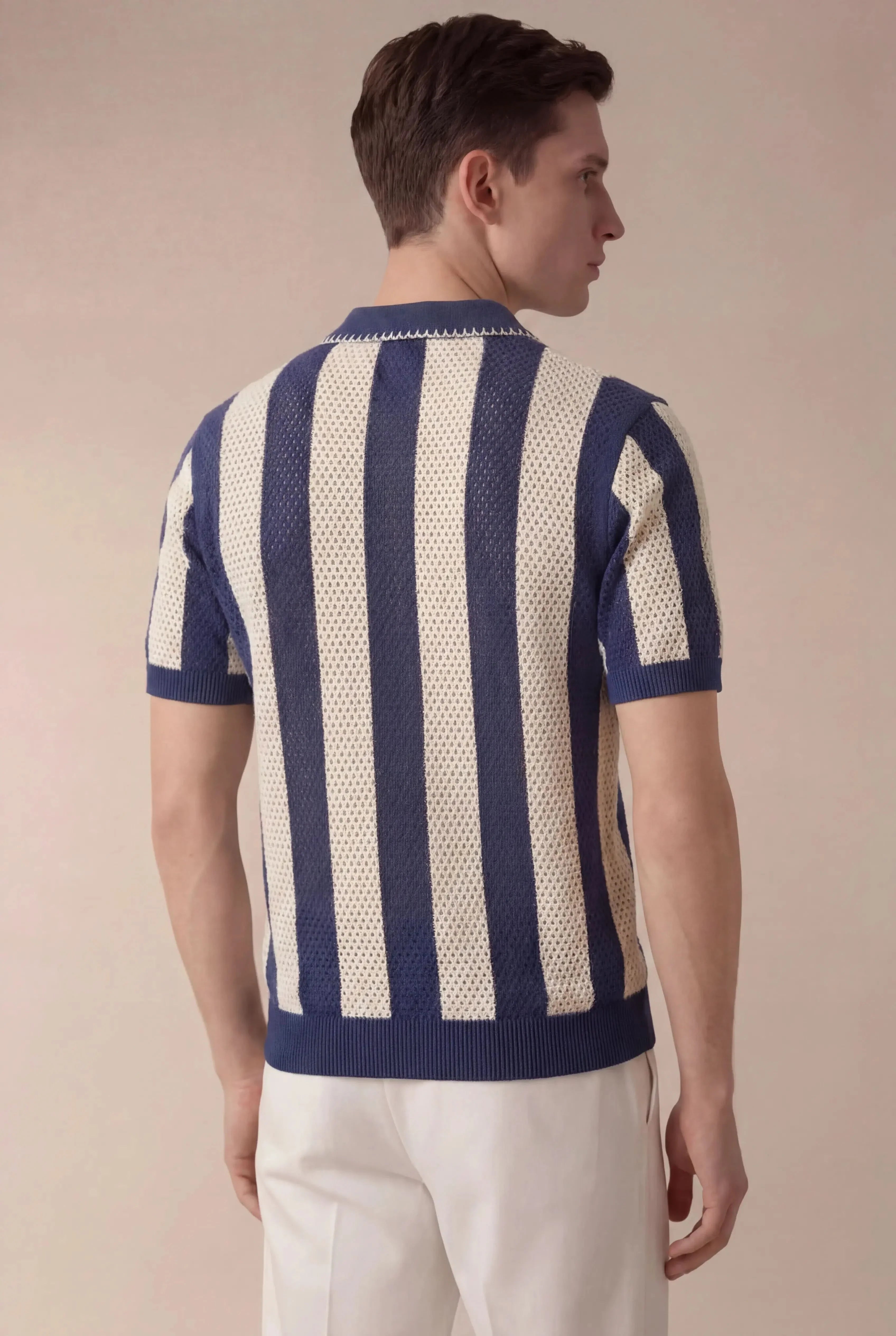 Silano Striped Zip Knit Polo Navy
