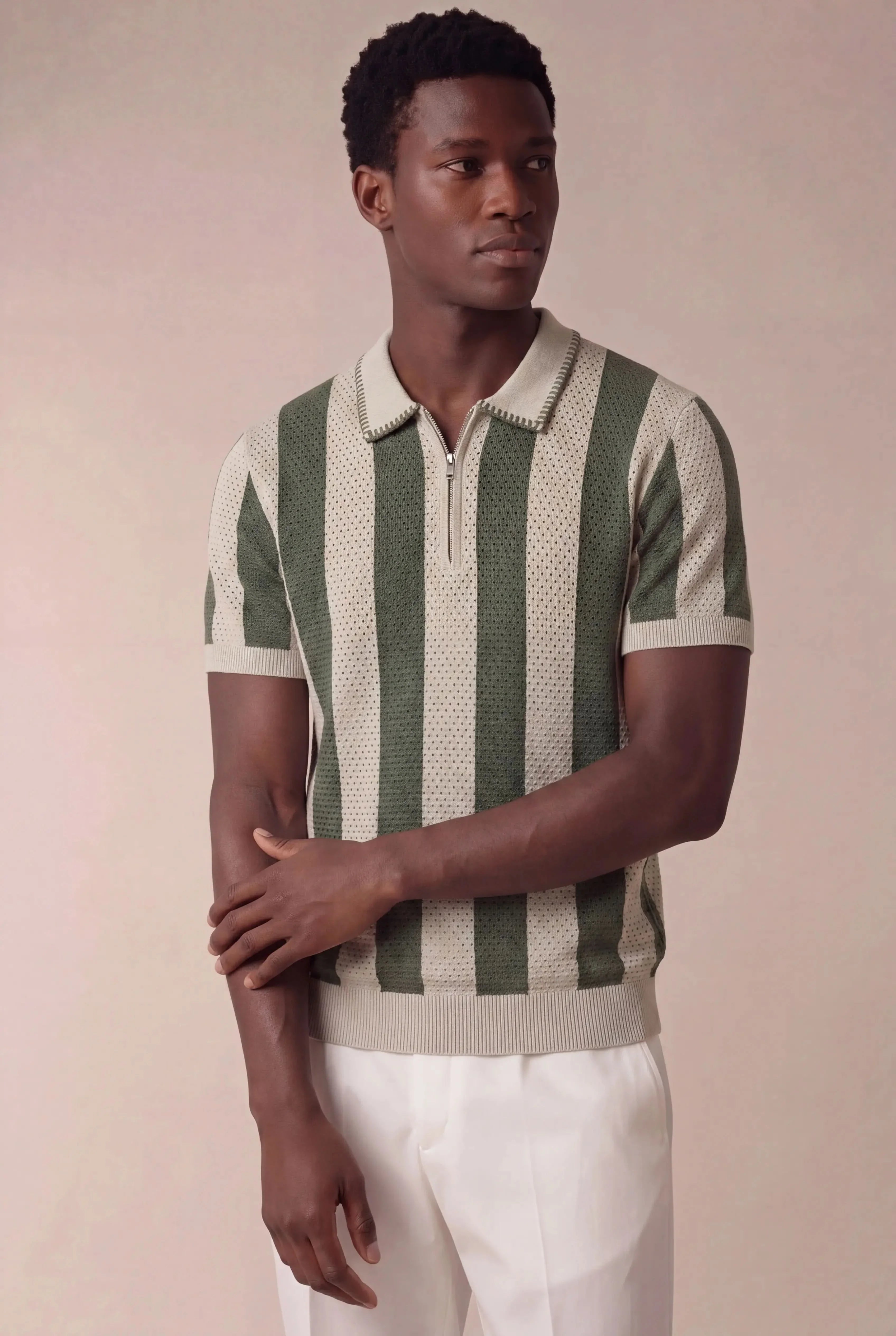 Silano Striped Zip Knit Polo Green