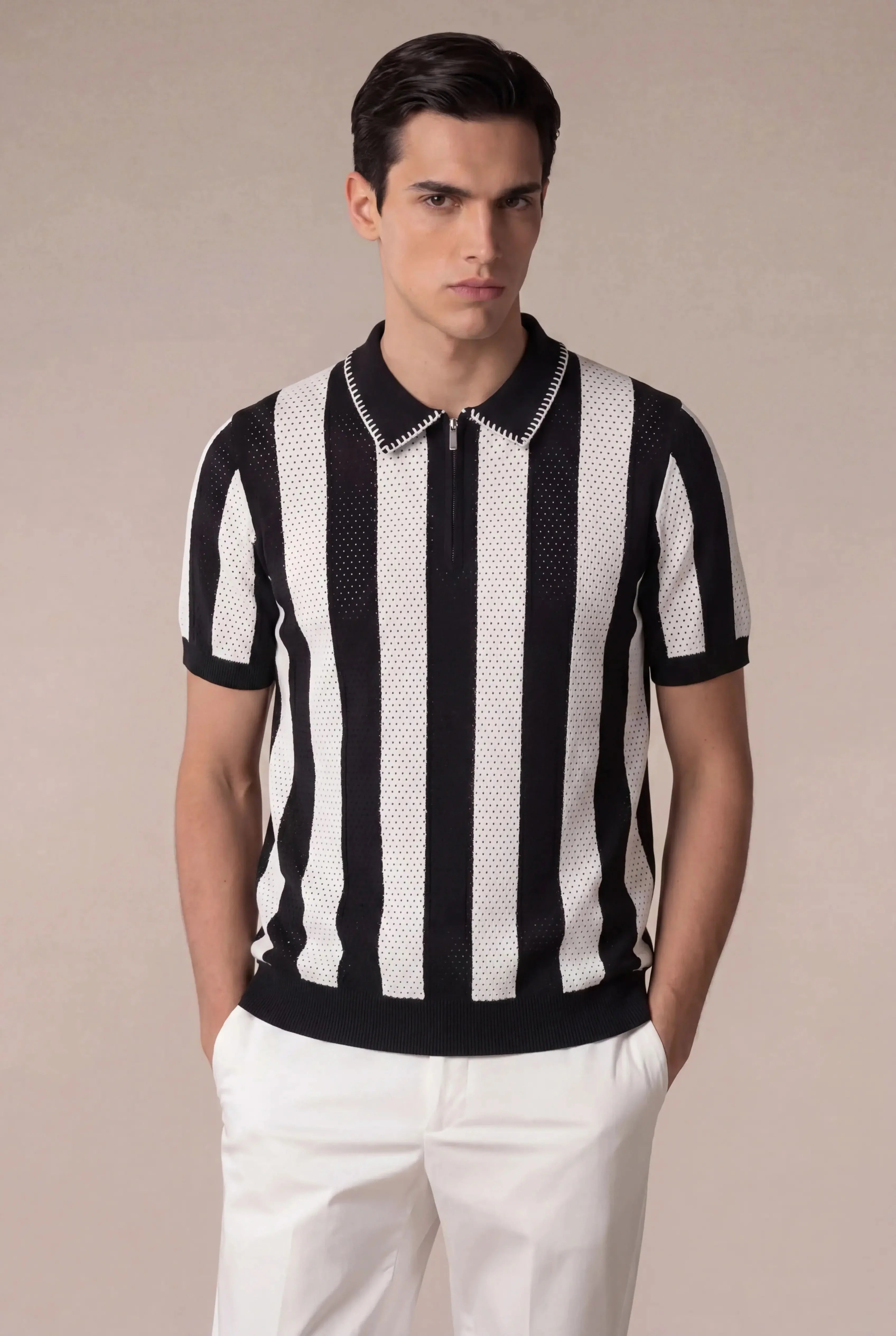 Silano Striped Zip Knit Polo Black