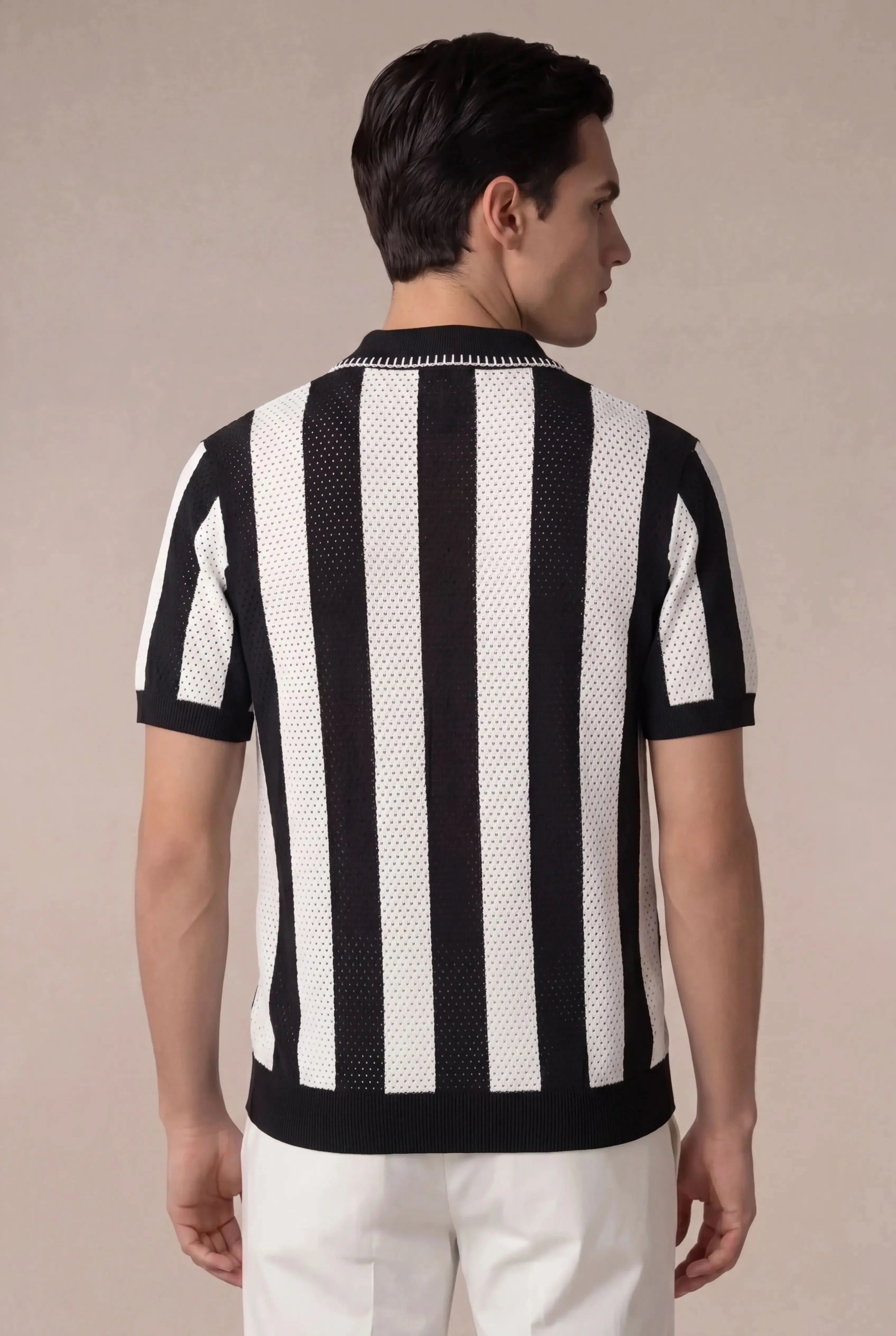 Silano Striped Zip Knit Polo Black