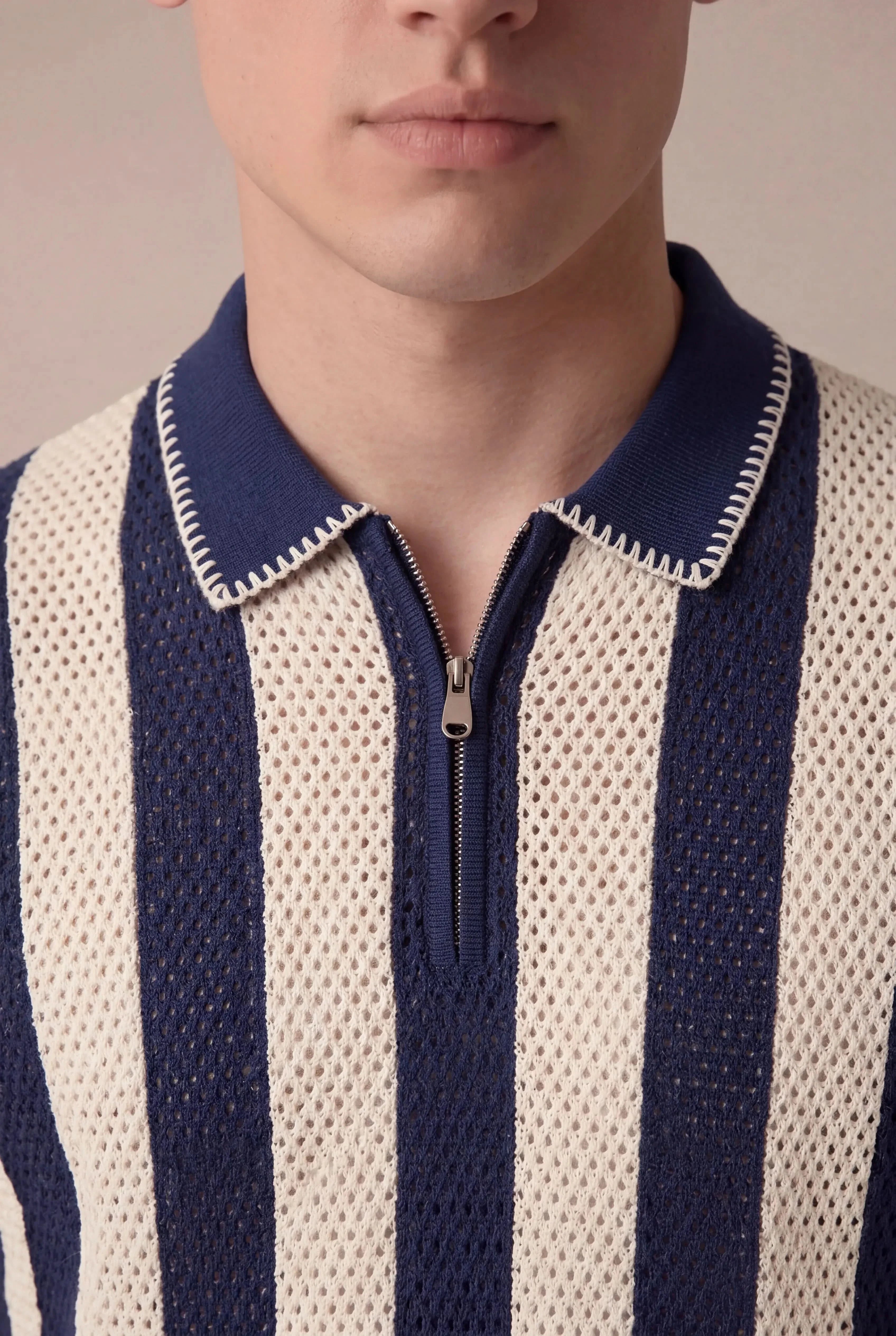 Silano Striped Zip Knit Polo Navy