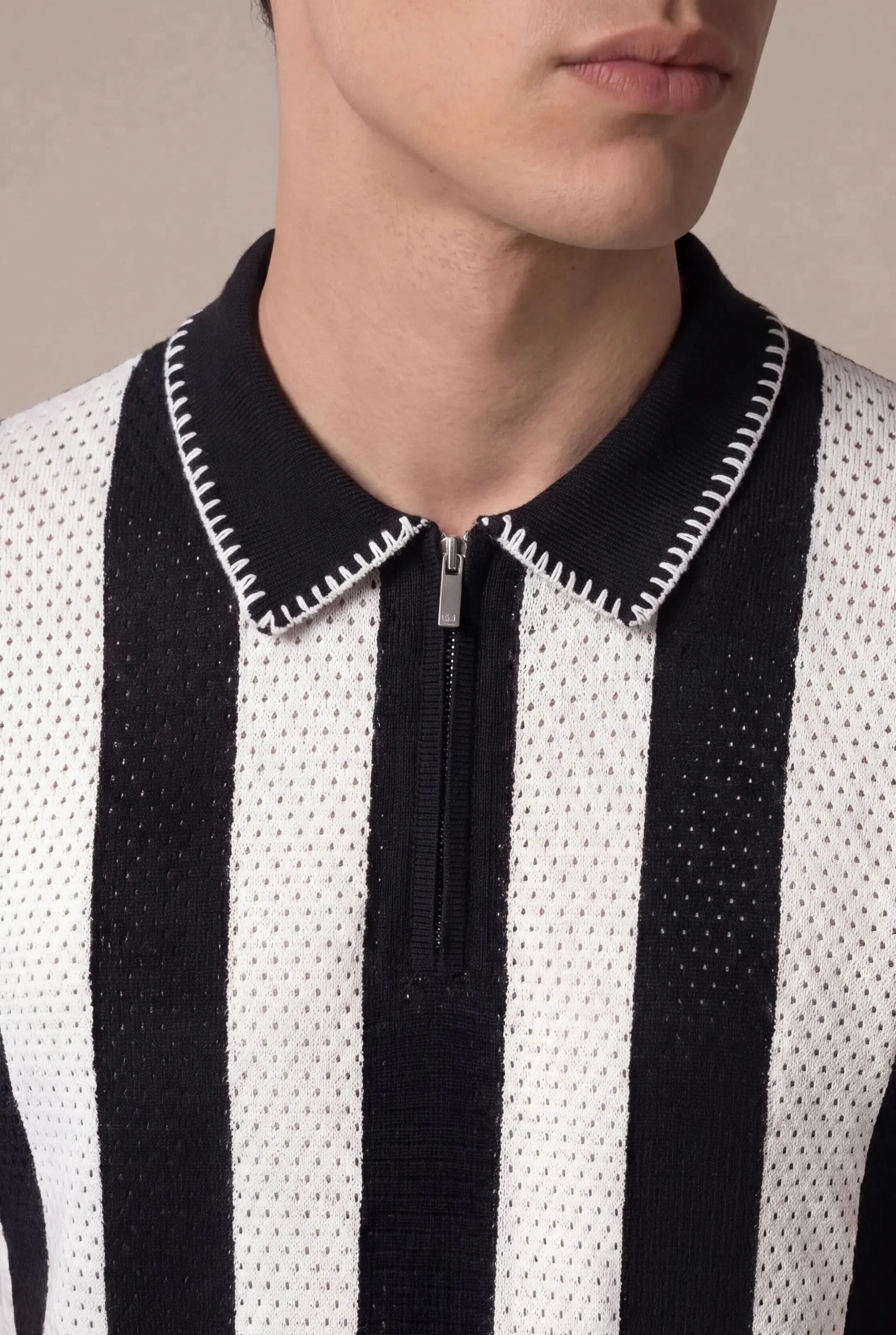 Silano Striped Zip Knit Polo Black