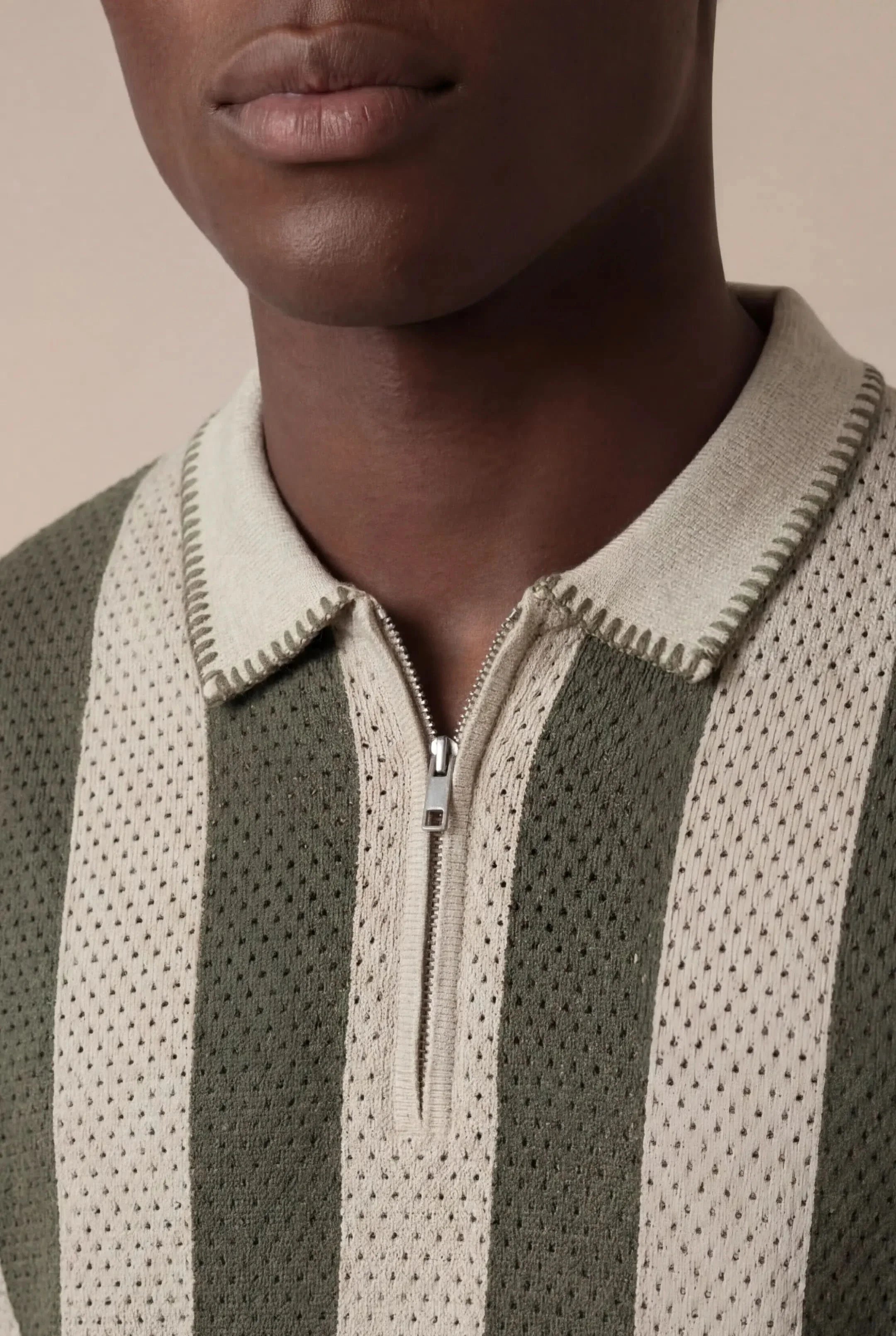 Silano Striped Zip Knit Polo Green