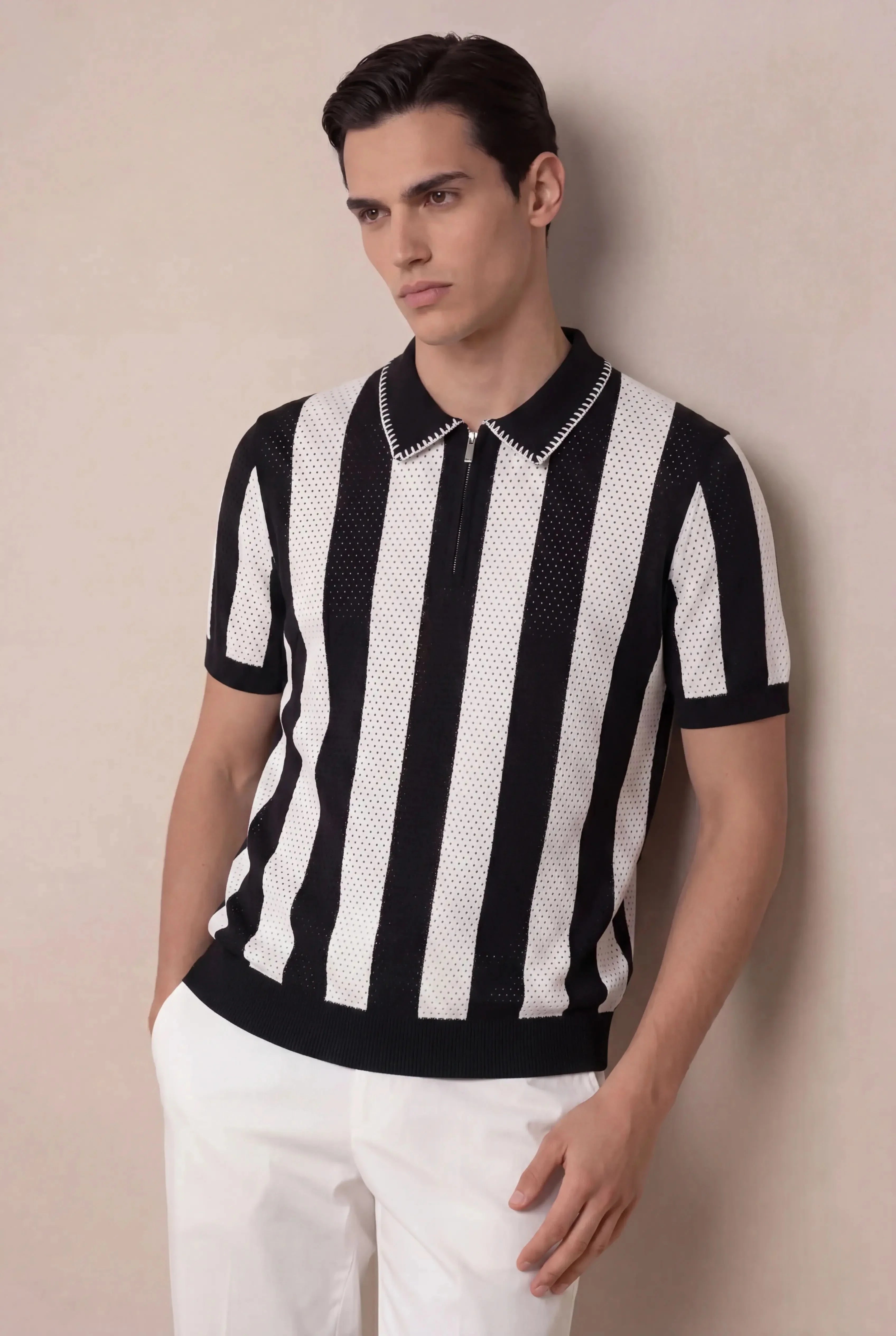 Silano Striped Zip Knit Polo Black