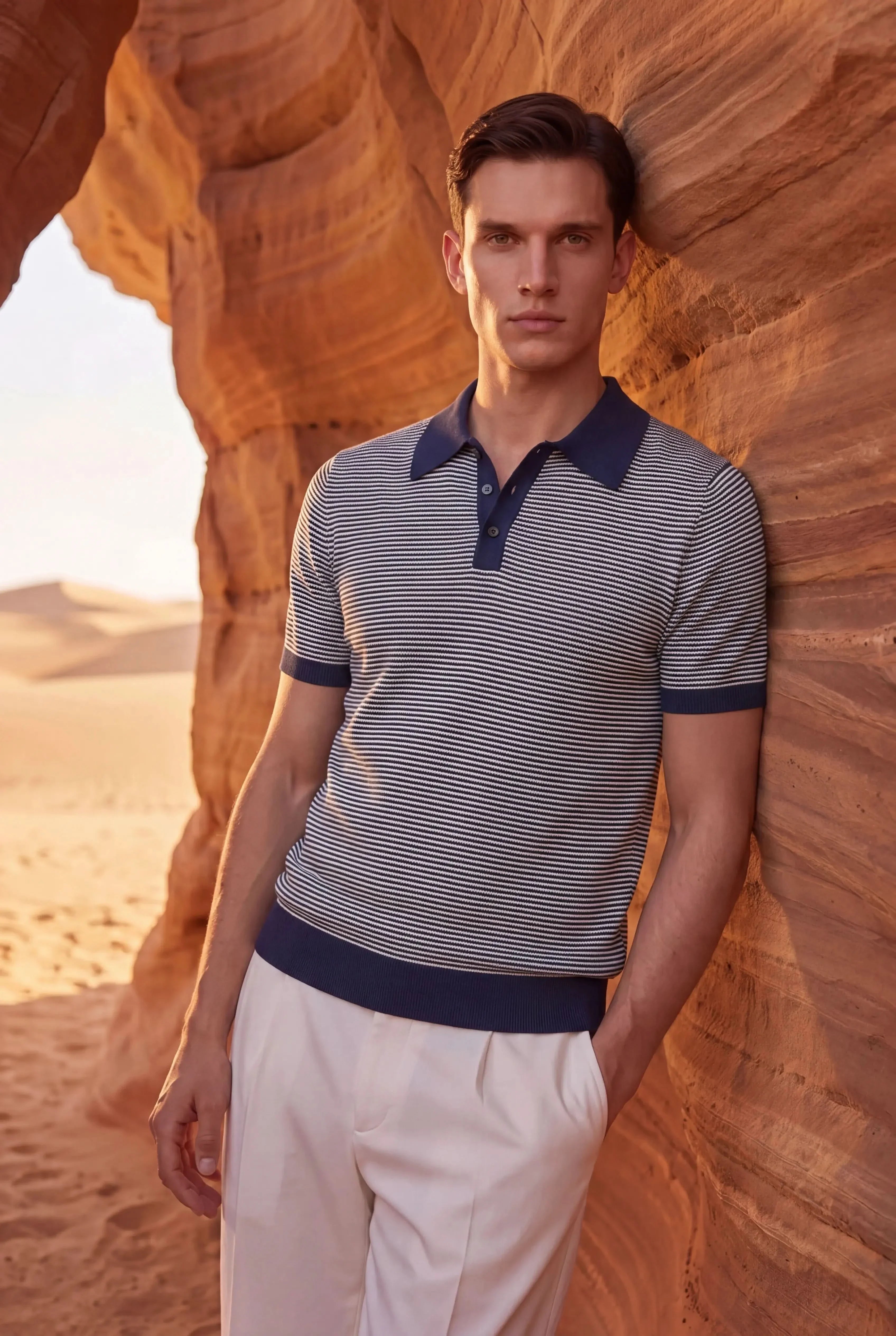 Ravino Striped Knit Polo Dark Blue