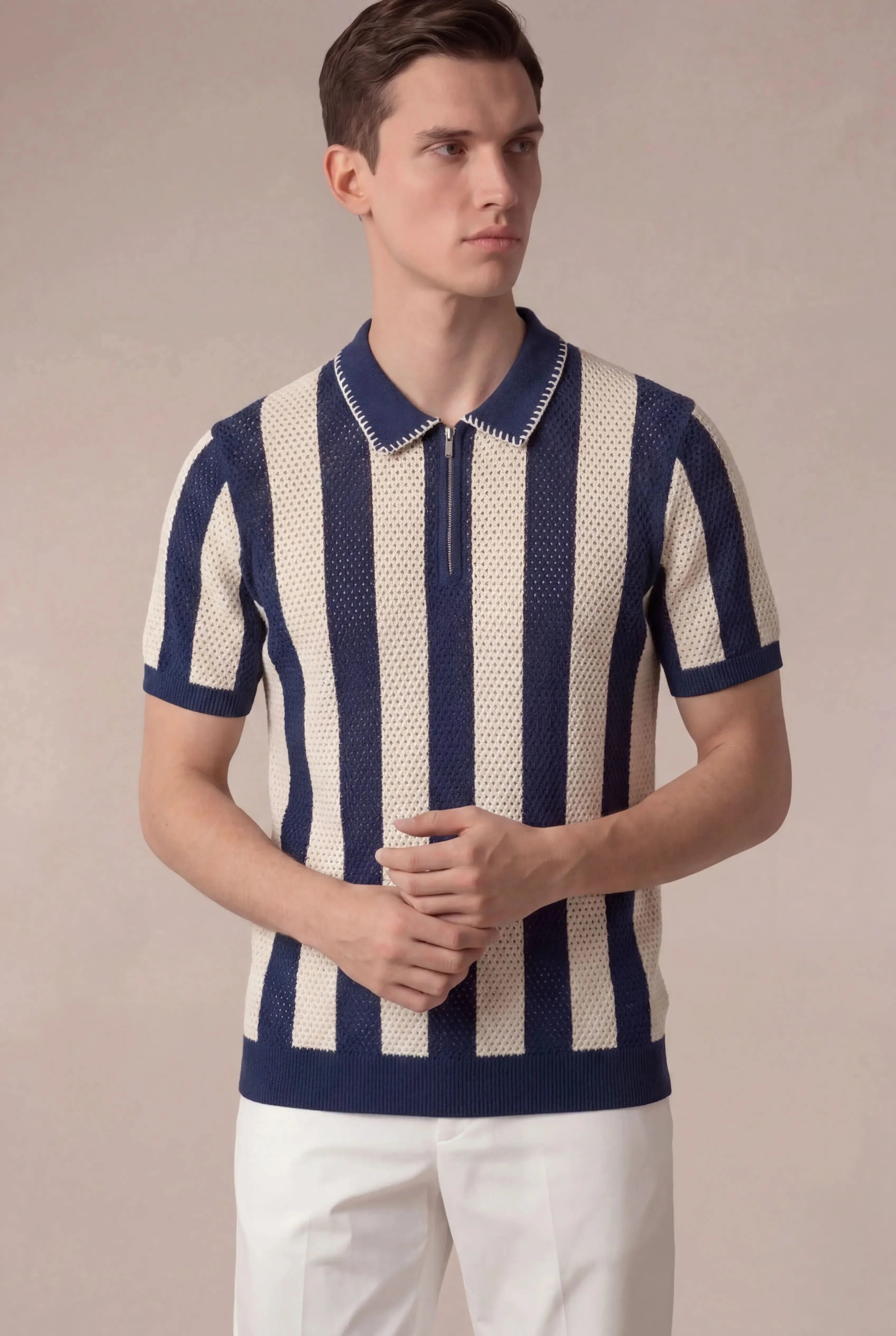 Silano Striped Zip Knit Polo Navy