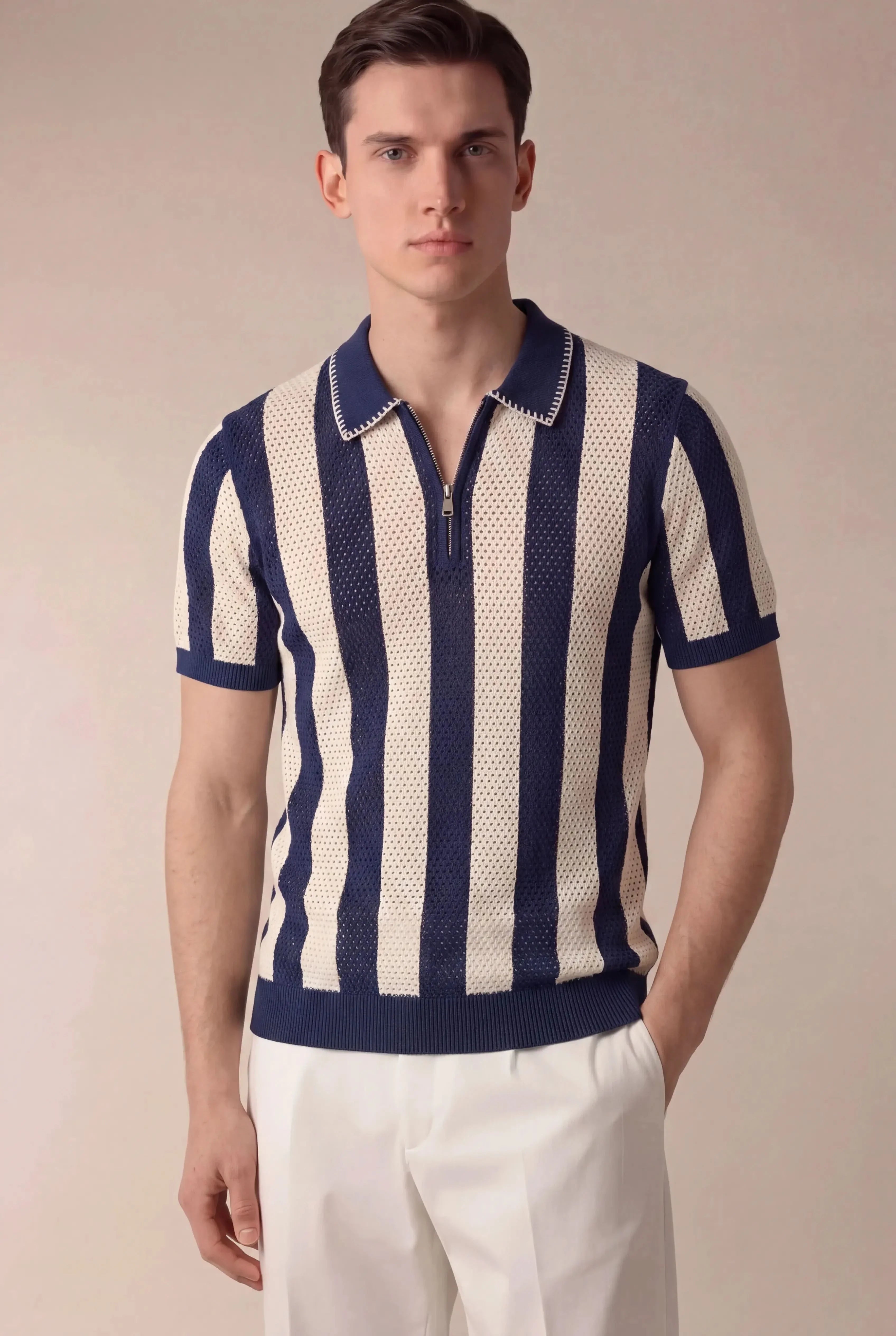 Silano Striped Zip Knit Polo Navy