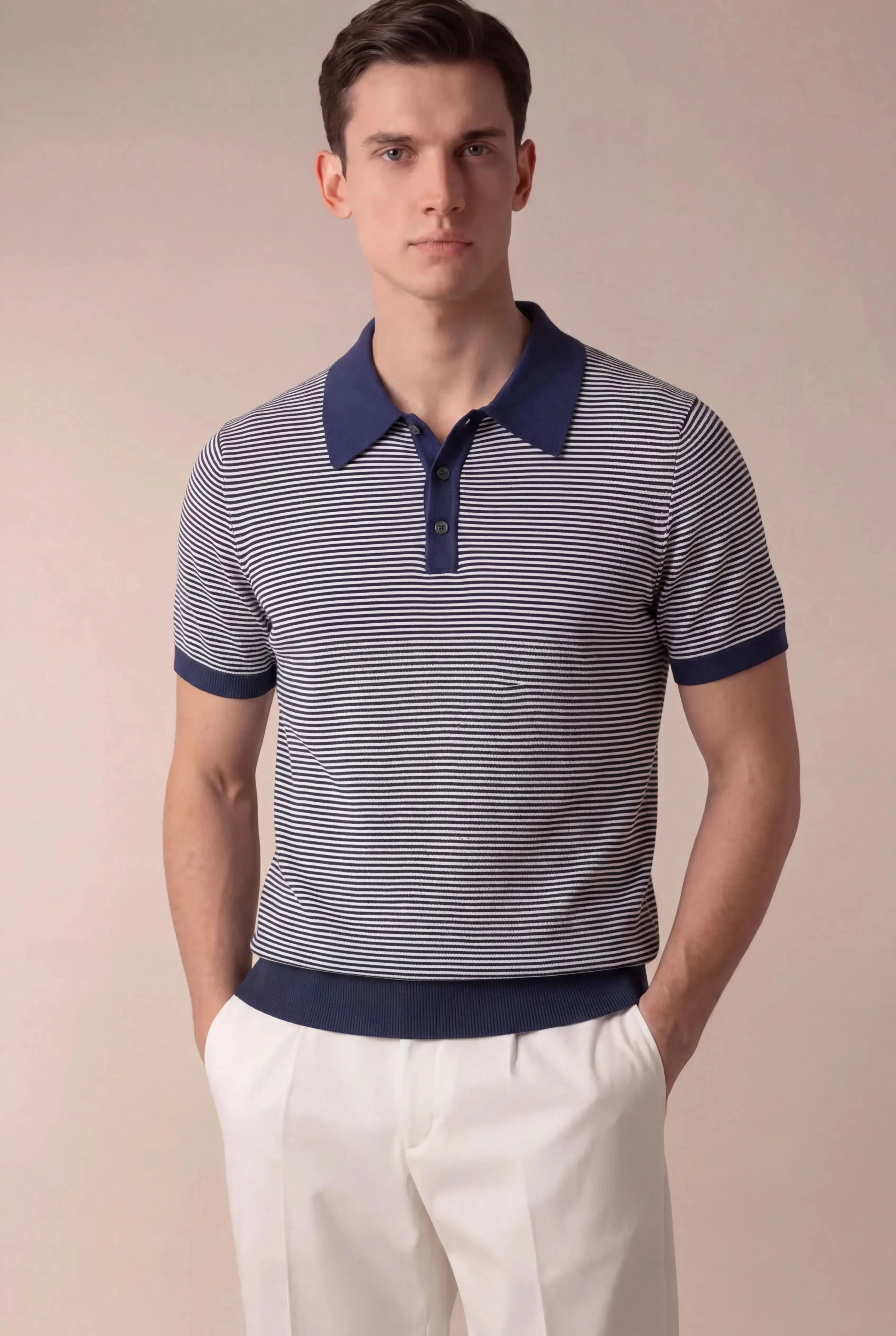 Ravino Striped Knit Polo Dark Blue