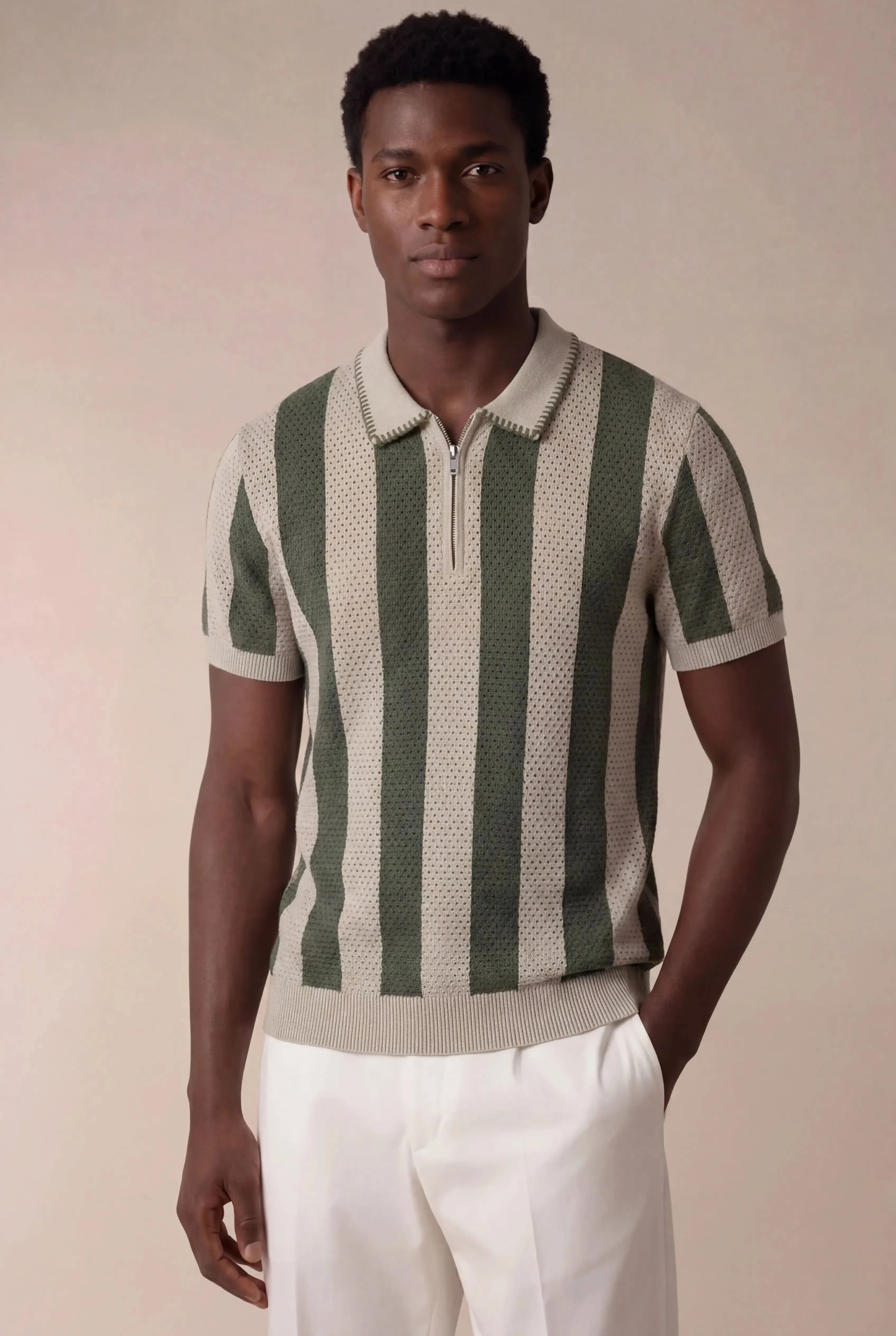 Silano Striped Zip Knit Polo Green