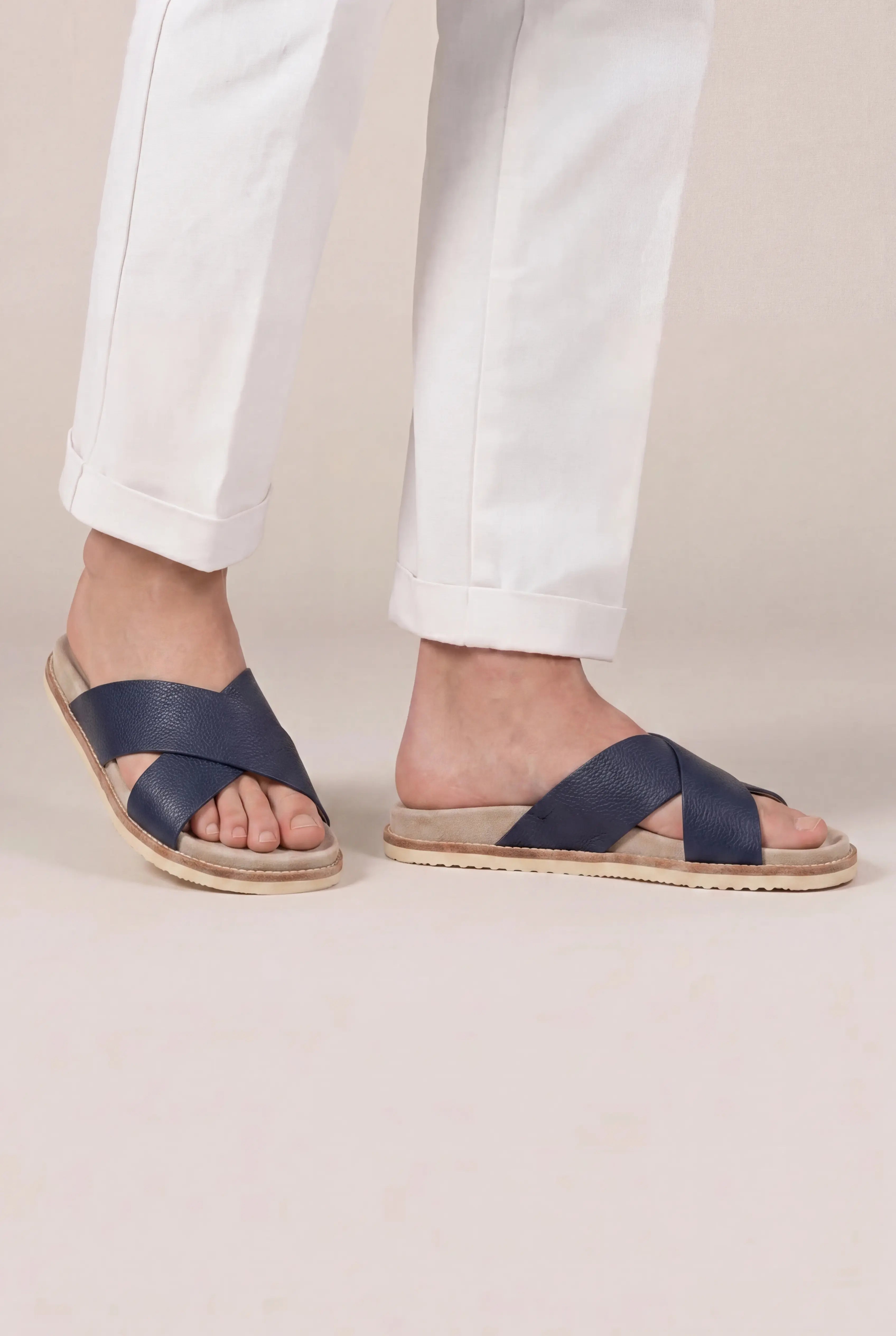 Brescaro Suède Cross-Strap Leather Slide Navy
